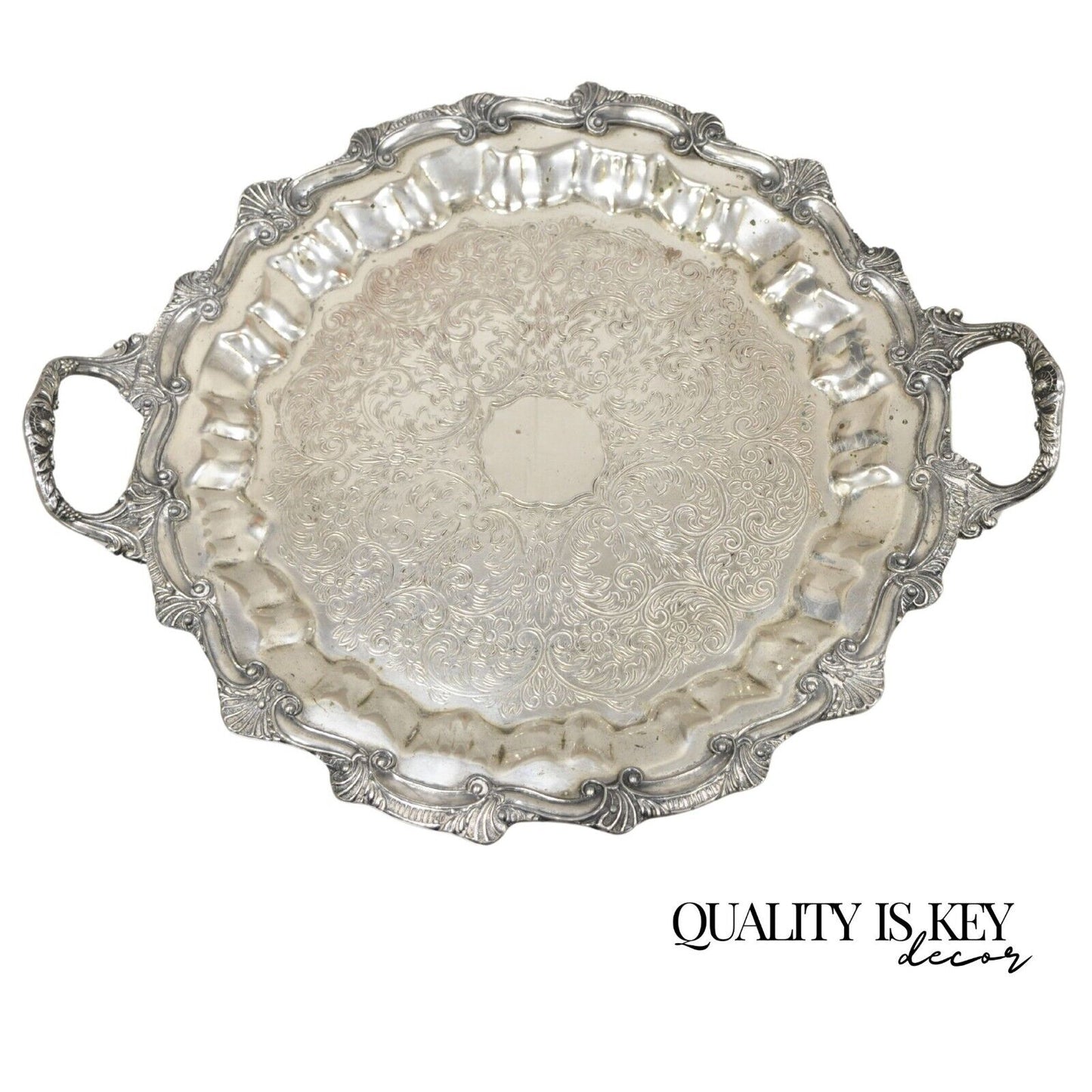 Vintage Victorian Style Silver Plated Scalloped Edge Round Serving Platter Tray