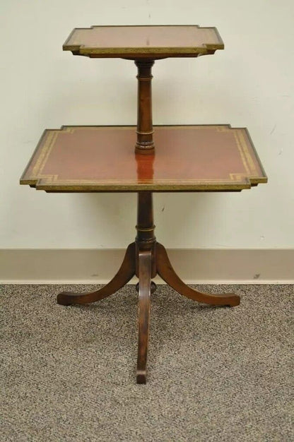 Vintage English Regency Style Mahogany Tooled Leather Two Tier Side Table