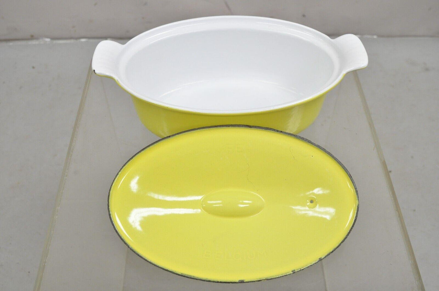 Vintage Descoware Belgium Yellow Cast Iron Enamel Oval Lidded Casserole Pot