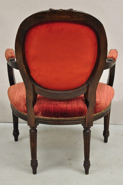 Antique French Louis XVI Style Carved Walnut Needlepoint Red Fauteuil Arm Chair