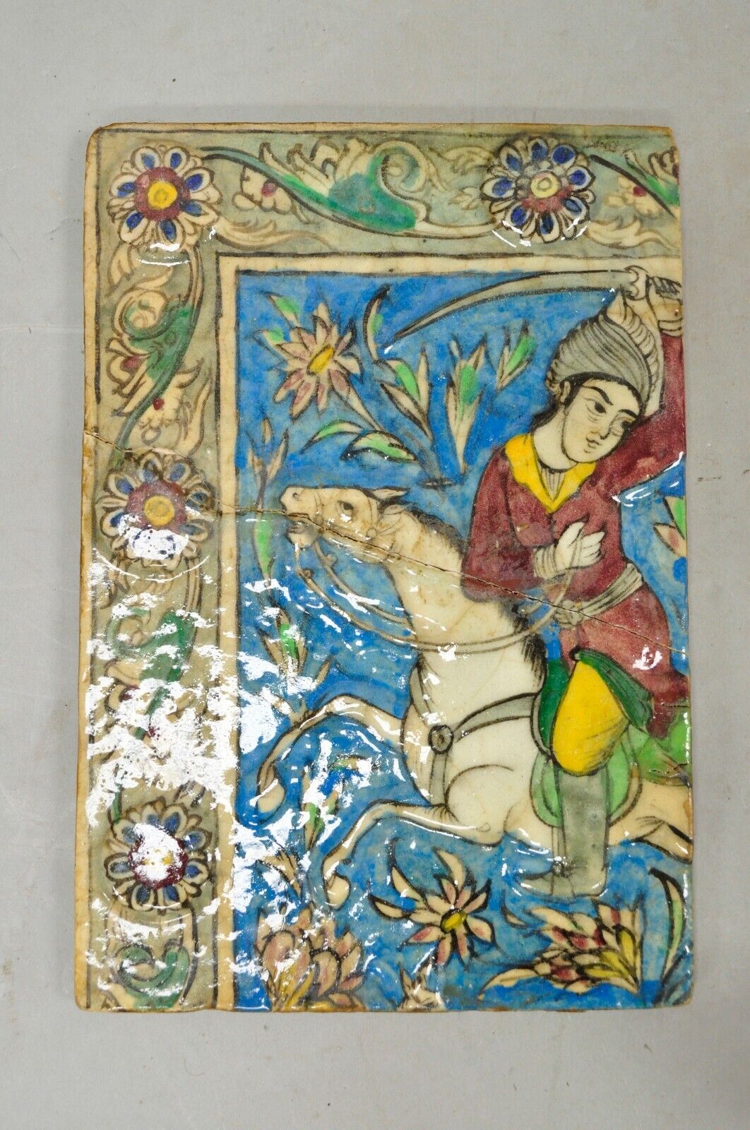 Antique Persian Iznik Qajar Style Ceramic Pottery Tile Mosaic Hunt Scene 6 Pc C7