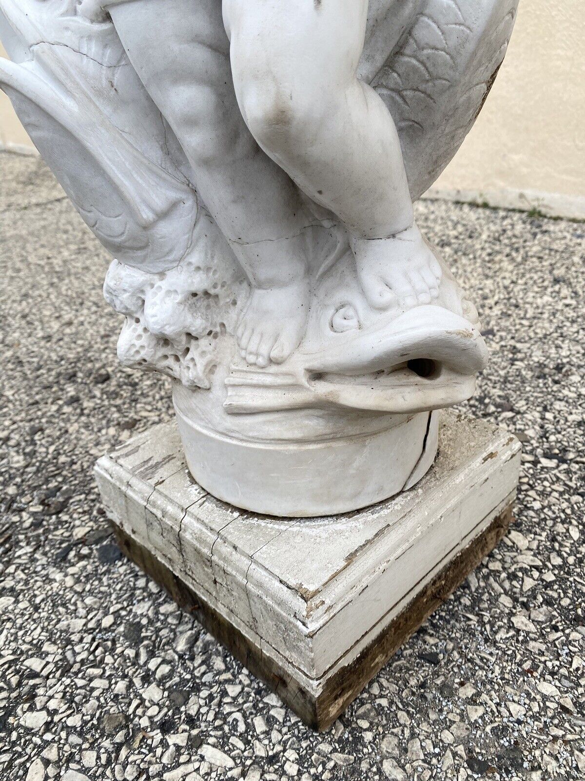 Italian Classical Carved Marble 31" Cherub Dolphin Garden Fountain Statue