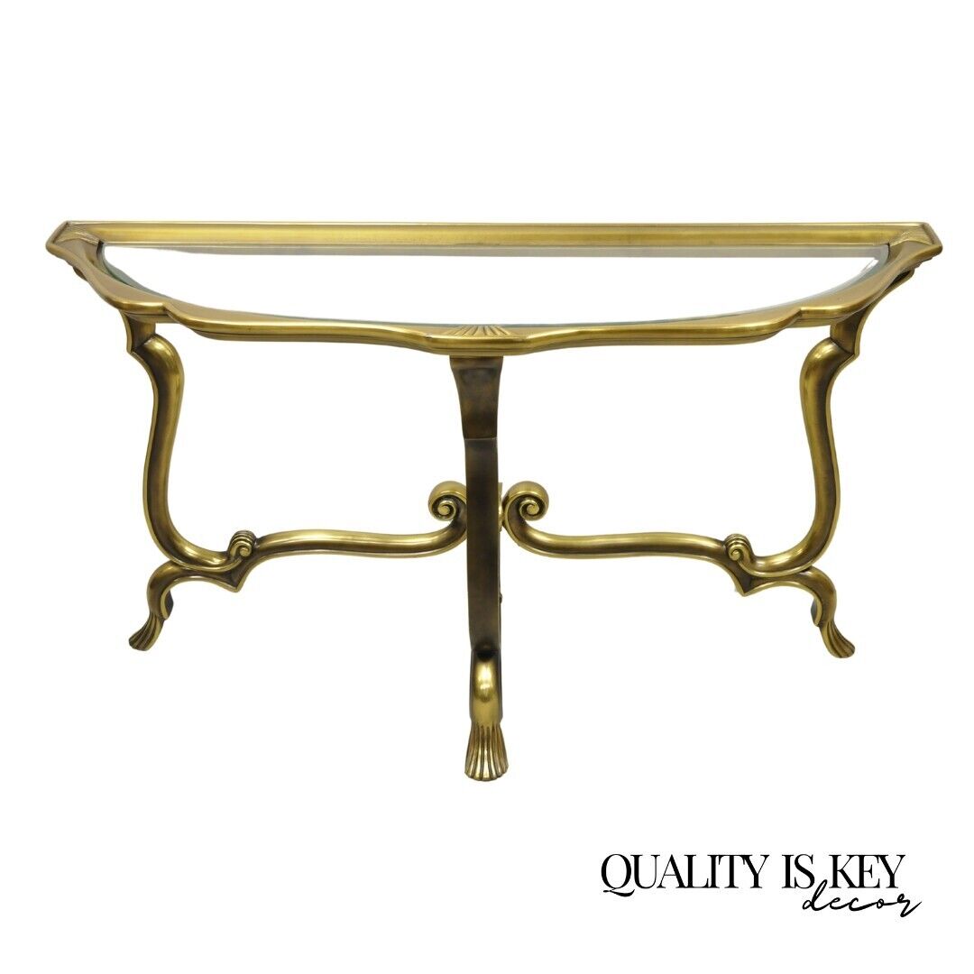 Vintage Italian Brass Hollywood Regency Glass Top Console Sofa Hall Table