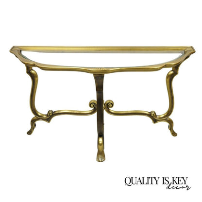 Vintage Italian Brass Hollywood Regency Glass Top Console Sofa Hall Table