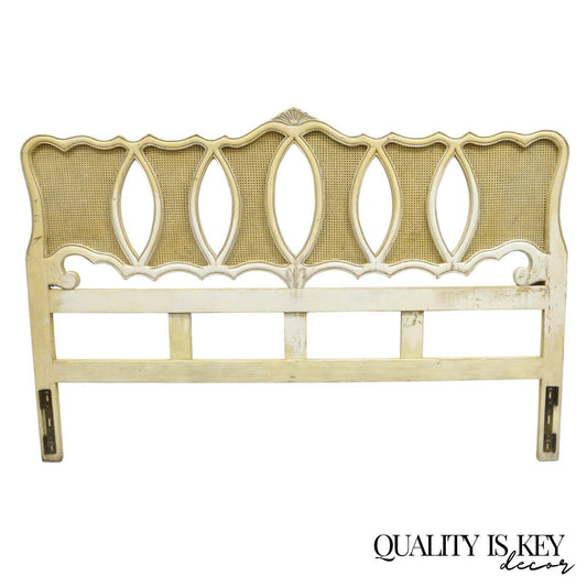 Vintage French Provincial Hollywood Regency Cream Painted Cane King Headboard