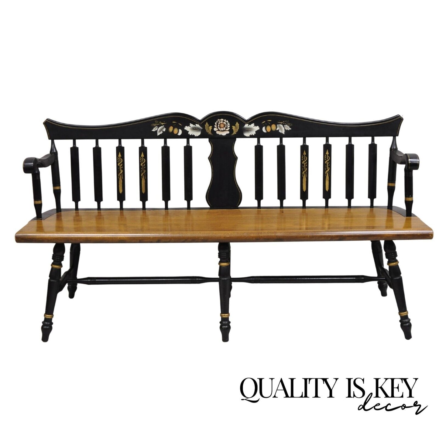 Vintage Hitchcock Style Maple Wood 6 Leg Colonial Black Stencil Windsor Bench