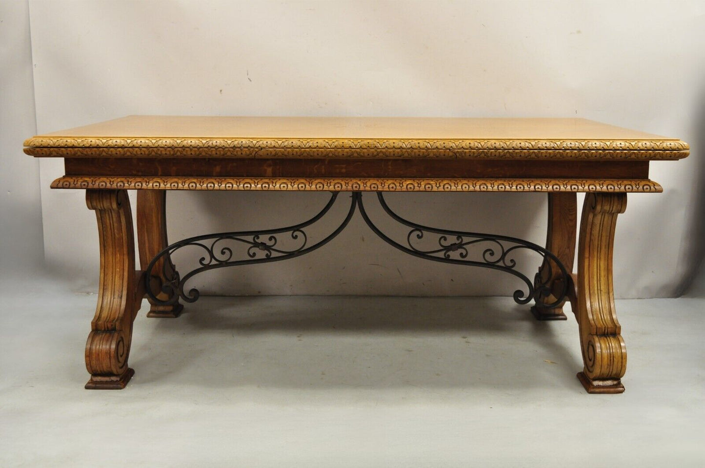 Antique Spanish Baroque Jacobean Oak Wood Refectory Extension Dining Table