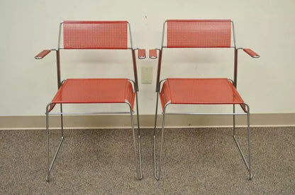 Vintage Tomado Mid Century Modern Red Stacking Chrome Metal Mesh Chairs A - Pair