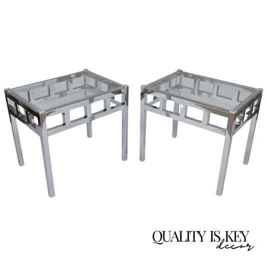 Mid Century Modern Baughman Style Chrome & Glass Rectangle Side Tables - a Pair