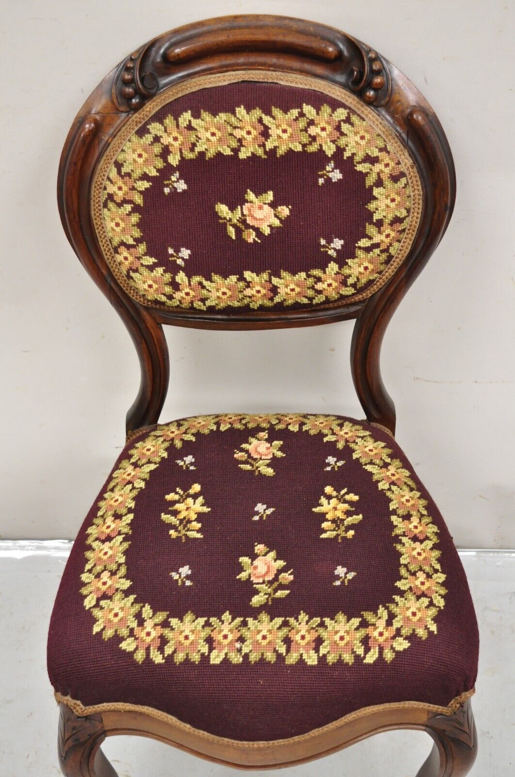 Victorian Burgundy Floral Needlepoint Carved Mahogany Balloon Back Side Chair