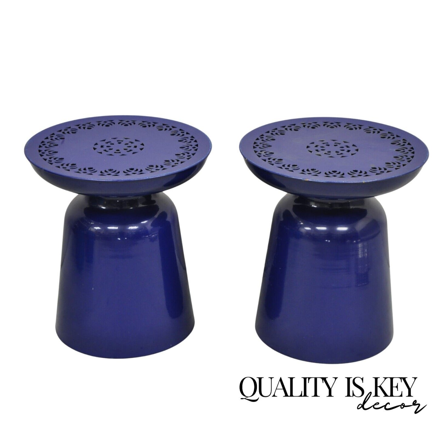 Modern Navy Blue Perforated Metal Garden Stool Side Table - a Pair