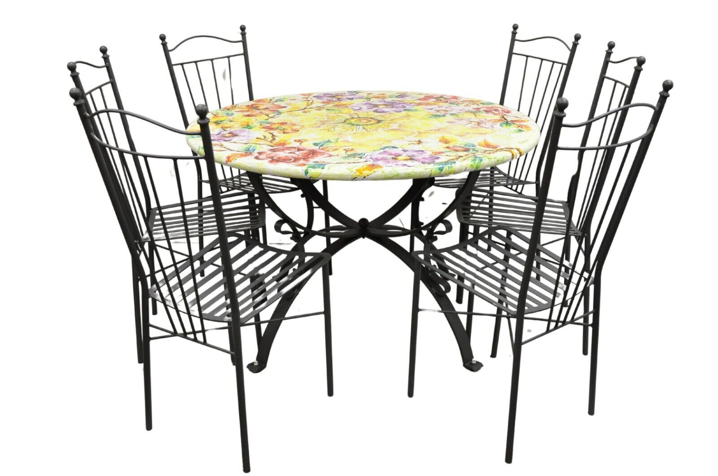 Italian Volcanic Fire Glazed Floral Painted Outdoor Dining Table Set - 7 Pcs