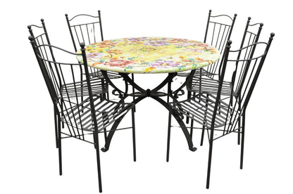 Italian Volcanic Fire Glazed Floral Painted Outdoor Dining Table Set - 7 Pcs