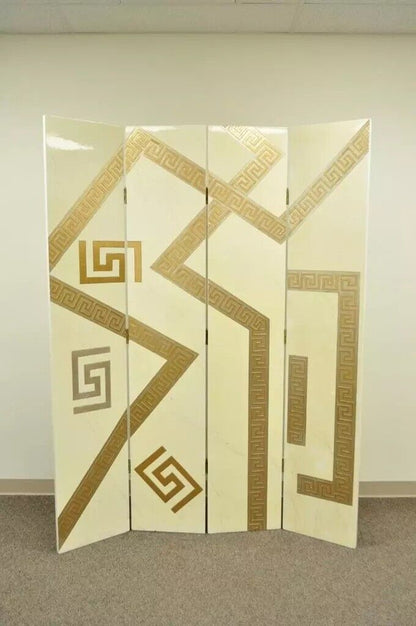 Artmax Hollywood Regency Style Greek Key 4 Panel Cream Gold Screen Room Divider