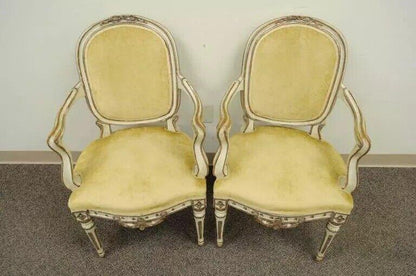 Antique Italian Venetian Cream Distress Painted Carved Wood Arm Chairs - a Pair