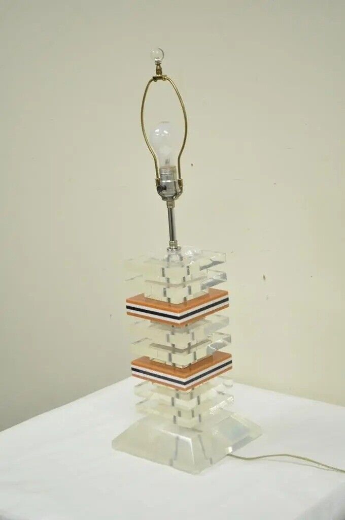 Vintage Mid Century Modern Stacked Lucite Acrylic Skyscraper Table Lamp