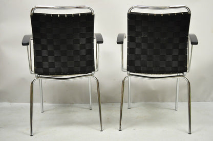 Vintage Mid Century Modern Italian Woven Back Chrome Frame Arm Chairs - a Pair