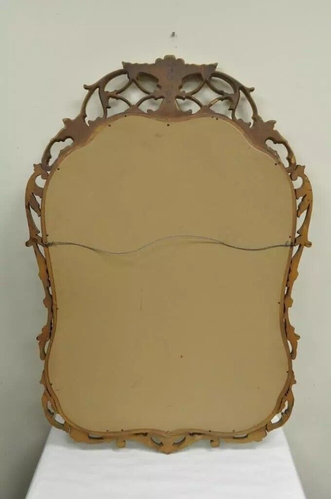 Vintage French Louis XV Style Floral Carved Wood Yellow Painted Wall Mirror