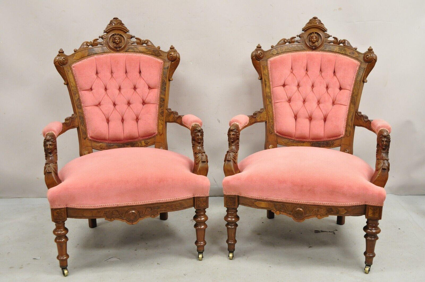 John Jelliff Victorian Renaissance Carved Walnut Figural Parlor Armchairs - Pair