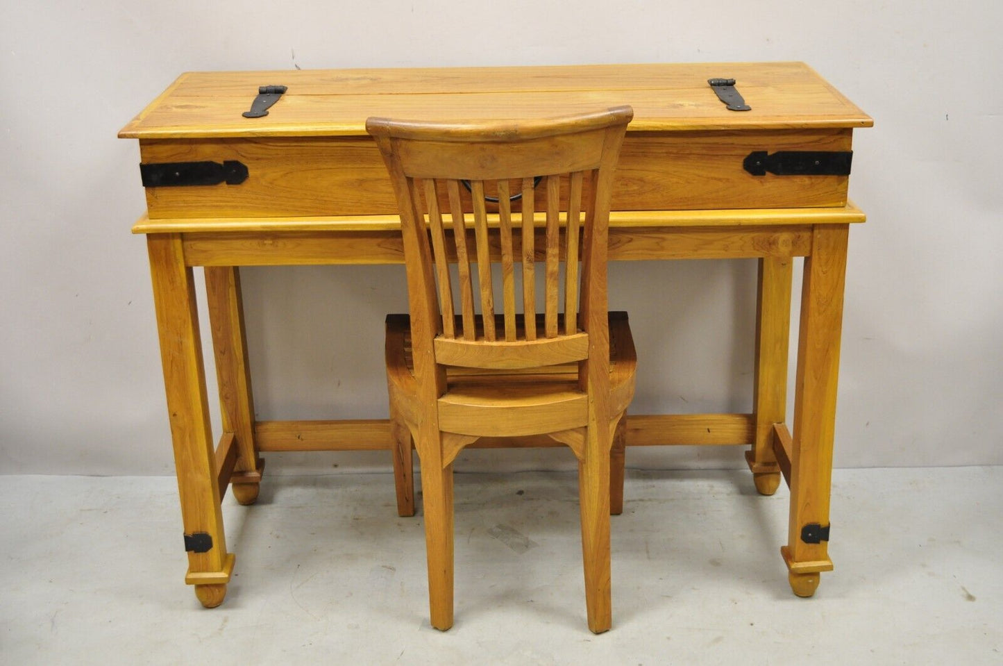 Campaign Style Teak Wood Flip Top Writing Desk with Side Chair -  2pc Set