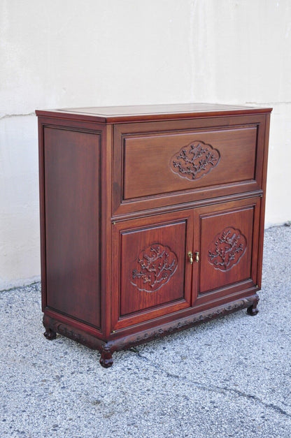 Vintage Chinese Carved Hardwood Bar Liquor Cabinet Console with Mirrors