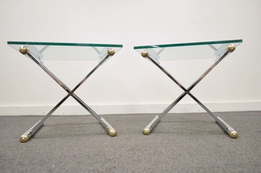 Mid Century Modern Hollywood Regency Chrome Brass Glass X Form Side Table - Pair