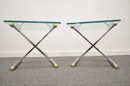 Mid Century Modern Hollywood Regency Chrome Brass Glass X Form Side Table - Pair