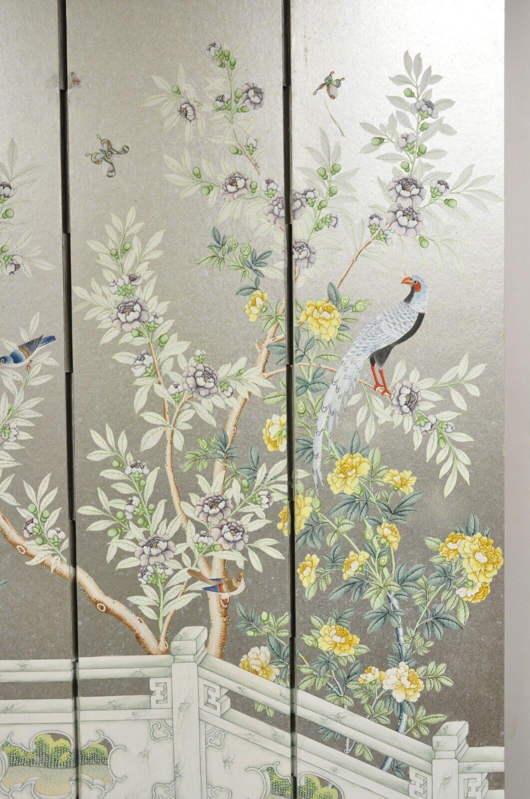 Vintage Chinoiserie Silver Leaf Birds Butterflies 4 Panel Screen Room Divider B