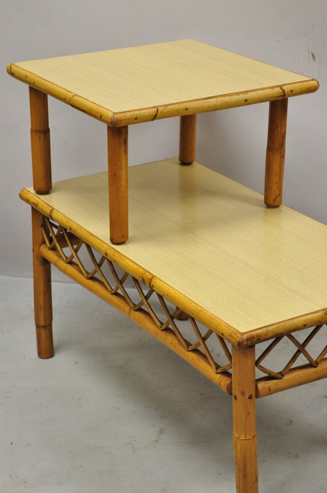 Vintage Tiki Rattan Mid Century Bamboo Step Up End Tables - a Pair