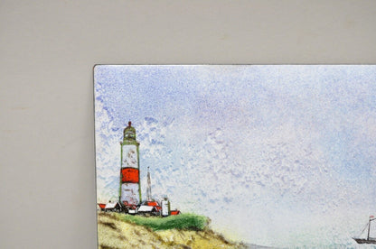 Dom Dominic Mingolla Enamel on Copper Painting Red Lighthouse Shoreline 9 x 12