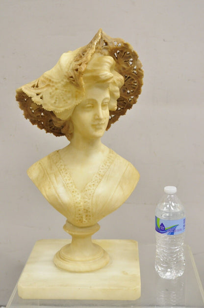 Antique Victorian Carved Italian Alabaster Woman Bust Statue att Adolfo Cipriani