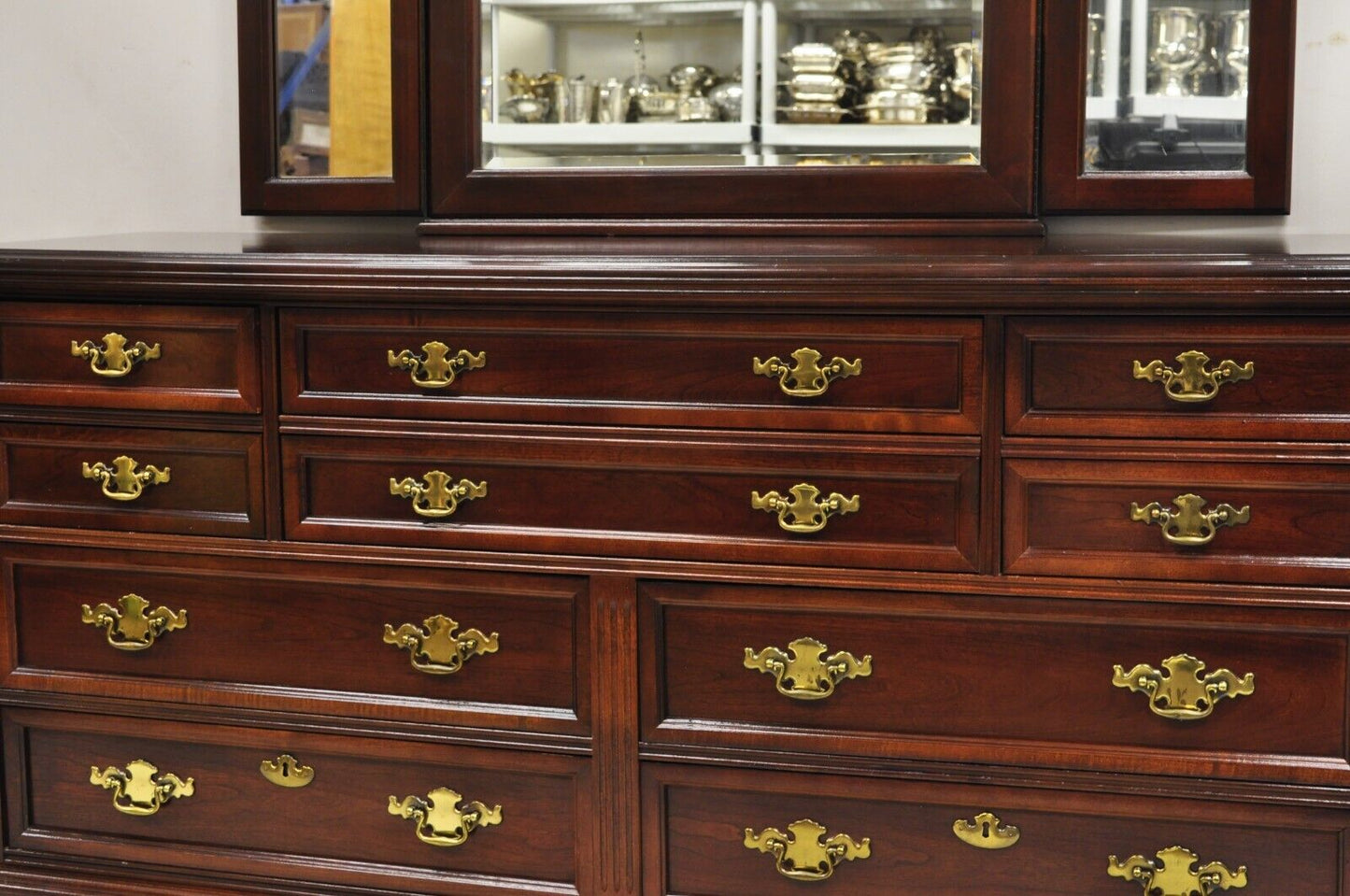 Bassett Furniture Eden House Cherry 10 Drawer Triple Dresser w/ Triple Mirror