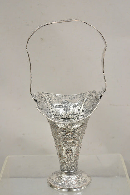 Antique English Victorian Repousse Silver Plated Cherub Vase Brides Basket