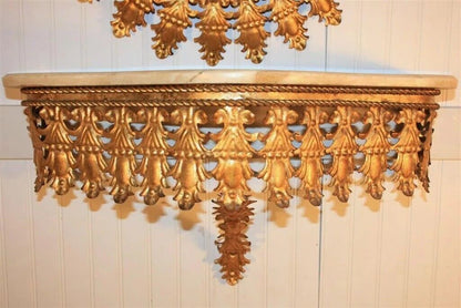 Italian Hollywood Regency Gold Iron Sunburst Mirror and Marble Top Wall Console