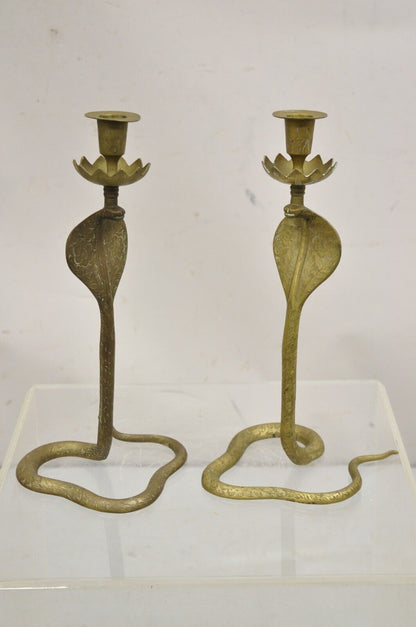 Vintage Brass Figural Hollywood Regency Coiled Cobra Snake Candlesticks - a Pair