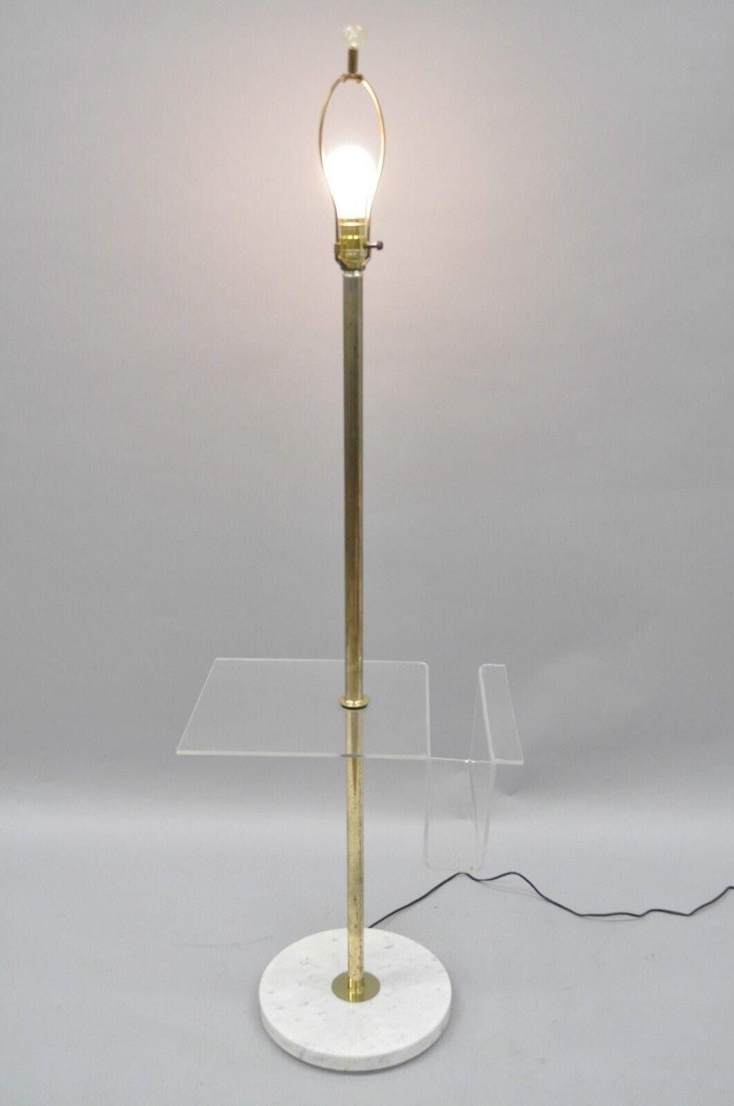 Vintage Mid Century Modern Brass Lucite Marble Floor Lamp w Magazine Table Rack