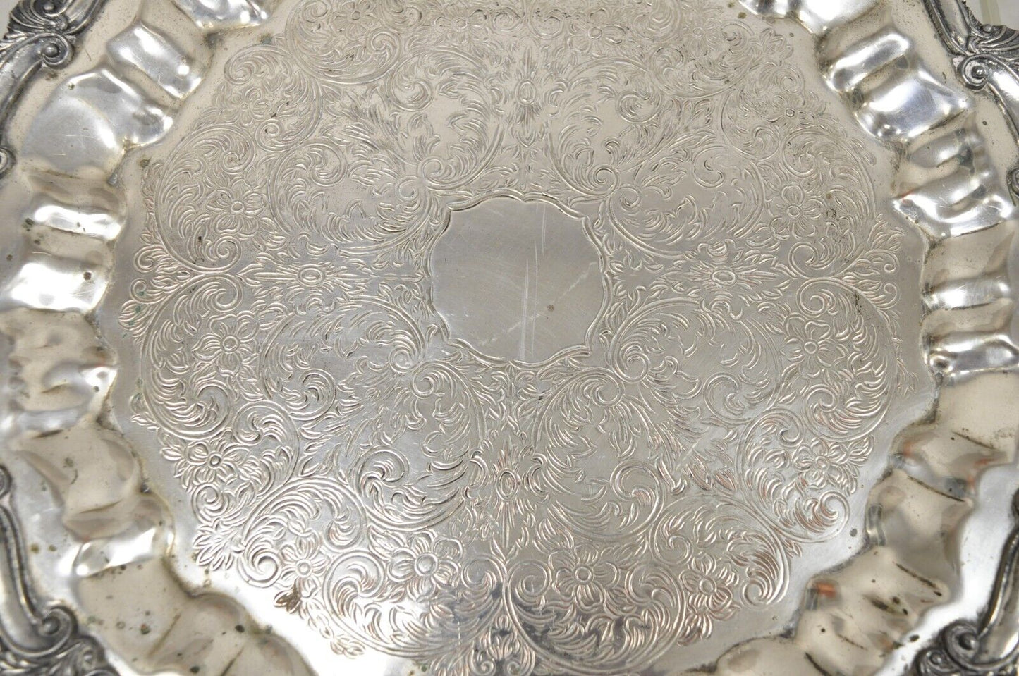 Vintage Victorian Style Silver Plated Scalloped Edge Round Serving Platter Tray