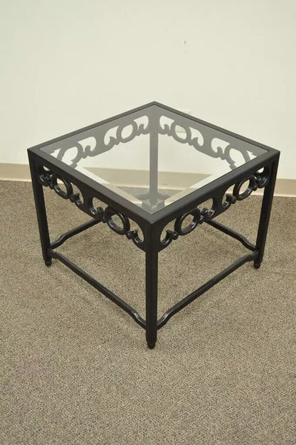 Vintage Oriental Chinoiserie Black Fretwork Glass Square Occasional Side Table
