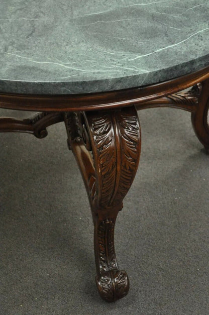 French Baroque Style Carved Mahogany and Green Marble Top Round Center Table