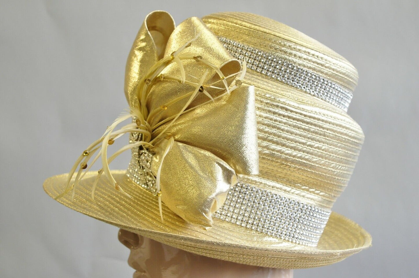 Vintage Whittall & Shon Metallic Gold Rhinestones 3 Tier Church Derby Crown Hat