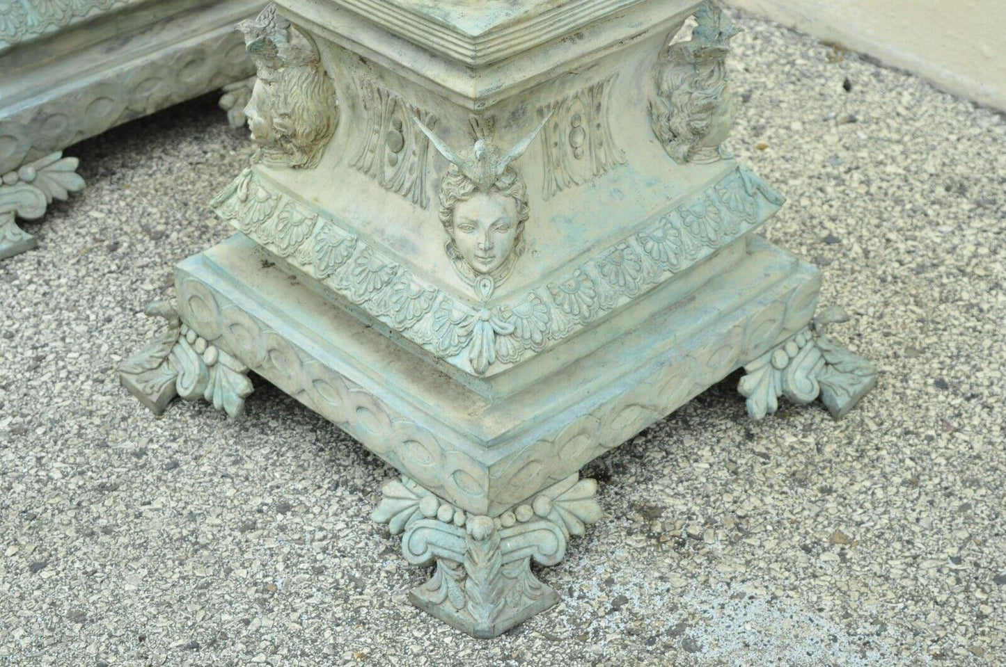 French Louis XV XVI Style Bronze Verdigris 43" Figural Garden Planters - a Pair