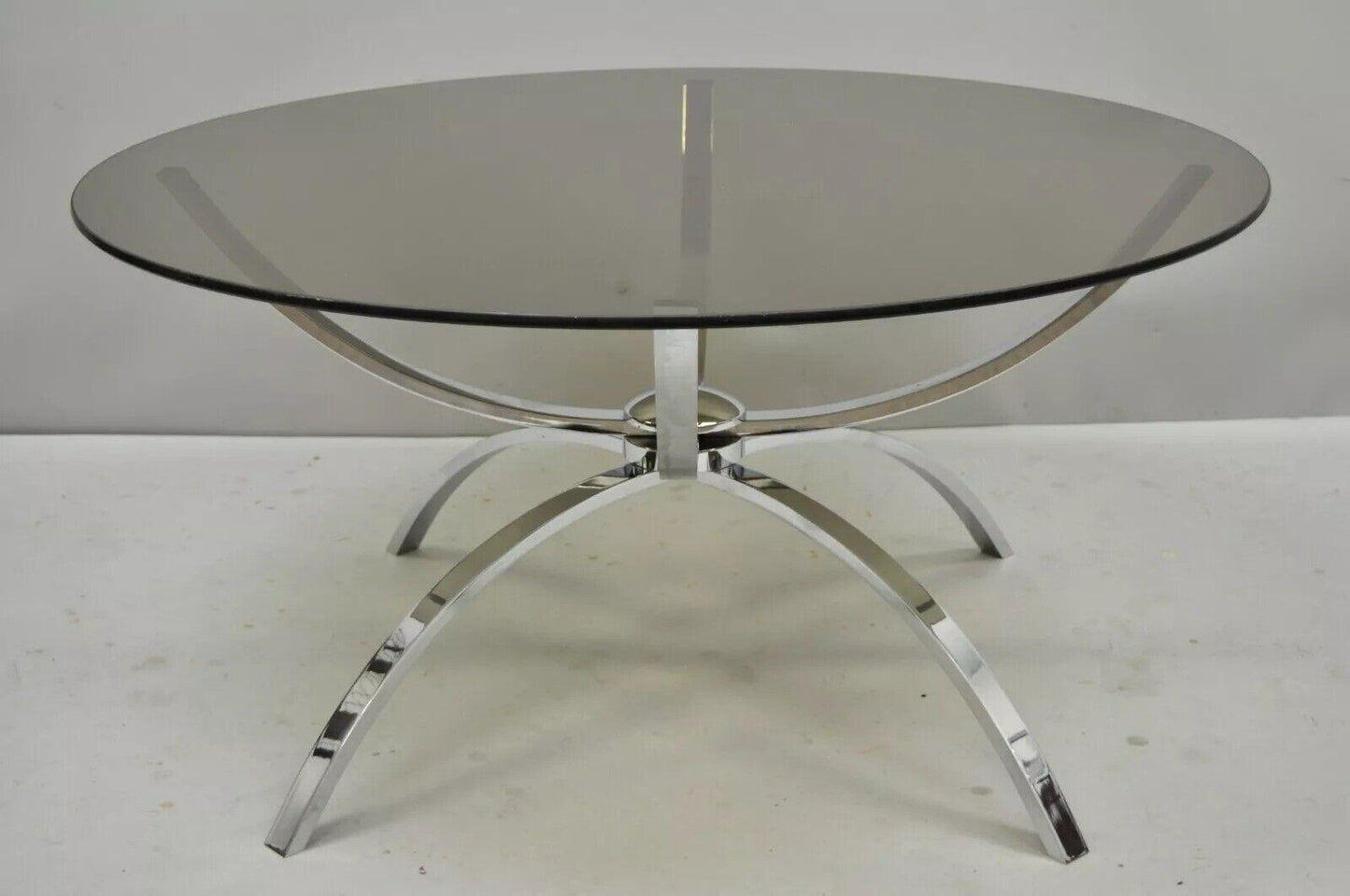 Mid Century Italian Modern Chrome Steel Spider Base Round Glass Top Coffee Table