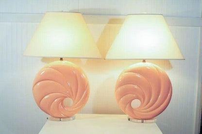 Hollywood Regency Pink Swirl Shell Form Ceramic Lucite Round Table Lamps - Pair