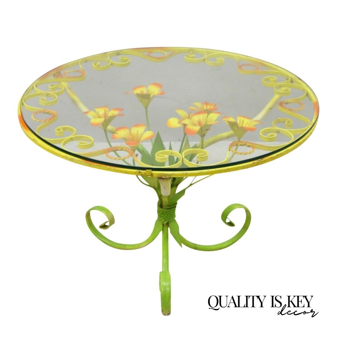 Italian Hollywood Regency Orange Yellow 25" Round Iron Flower Small Coffee Table