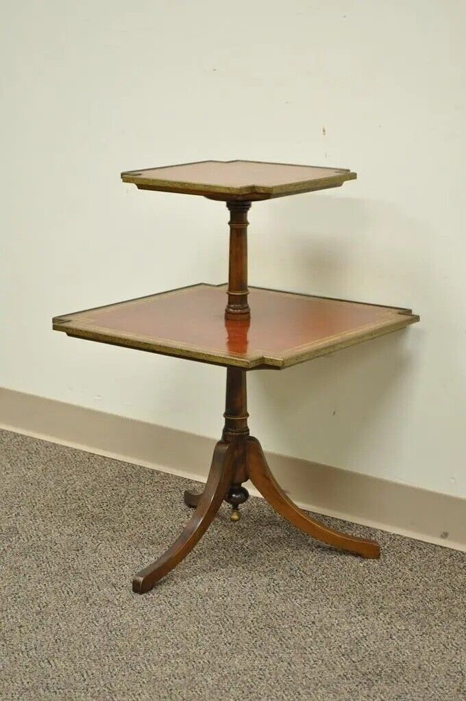 Vintage English Regency Style Mahogany Tooled Leather Two Tier Side Table