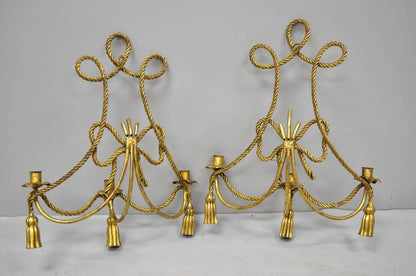 Italian Hollywood Regency Gold Gilt Rope Tassel Candle Holder Wall Sconce - Pair