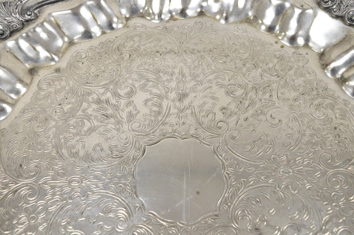 Vintage Victorian Style Silver Plated Scalloped Edge Round Serving Platter Tray