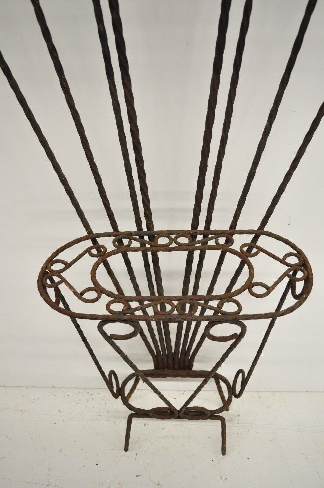 Arts & Crafts Style Scrolling Wrought Iron Mirror Umbrella Stand Coat Hall Tree