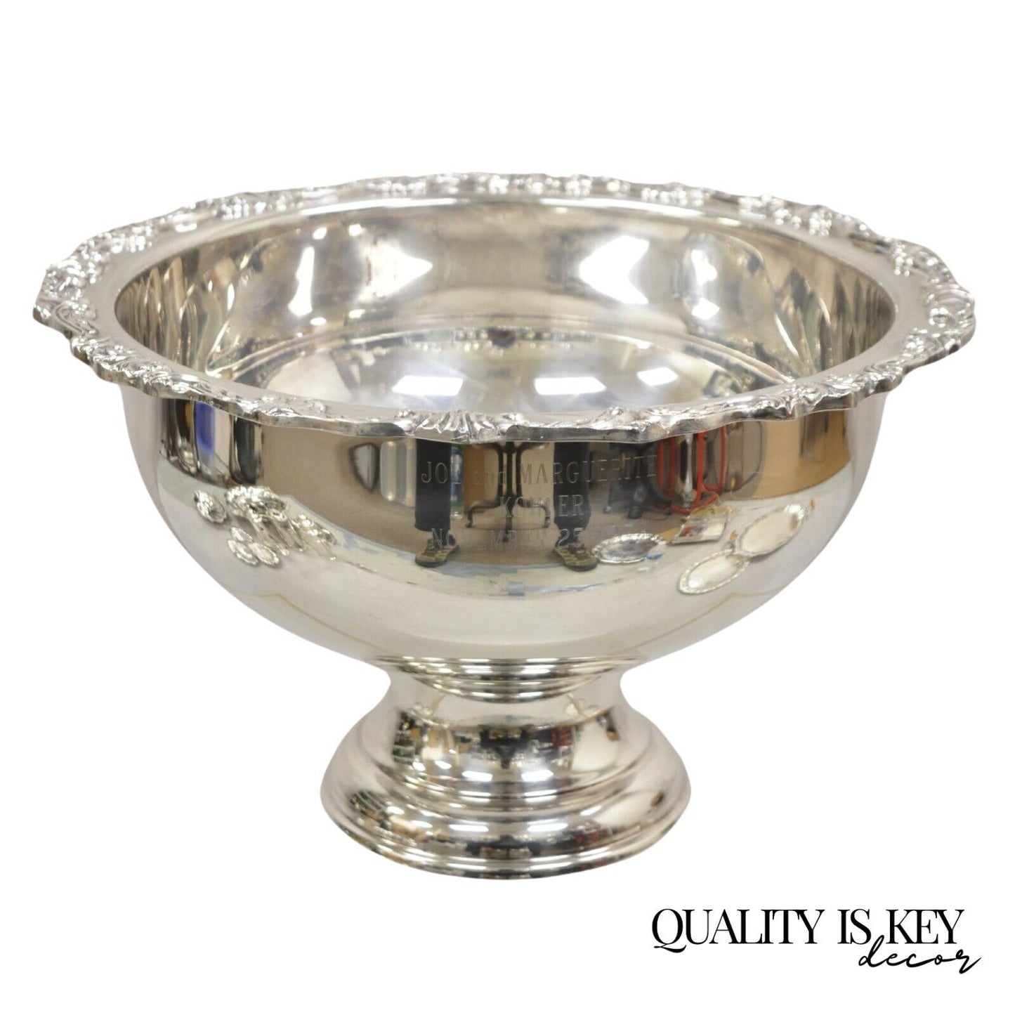 Vintage Sheridan Victorian Style Silver Plated Footed Punch Bowl Engraved