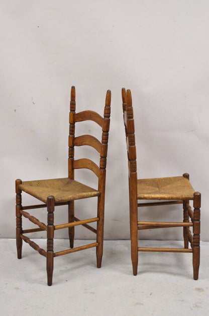 Antique Ladderback Primitive Rustic Oak Wood Rush Seat Dining Chairs - Set of 4